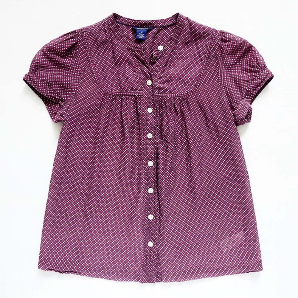 Polka Dots Puff Sleeve Silk Blend Button Down